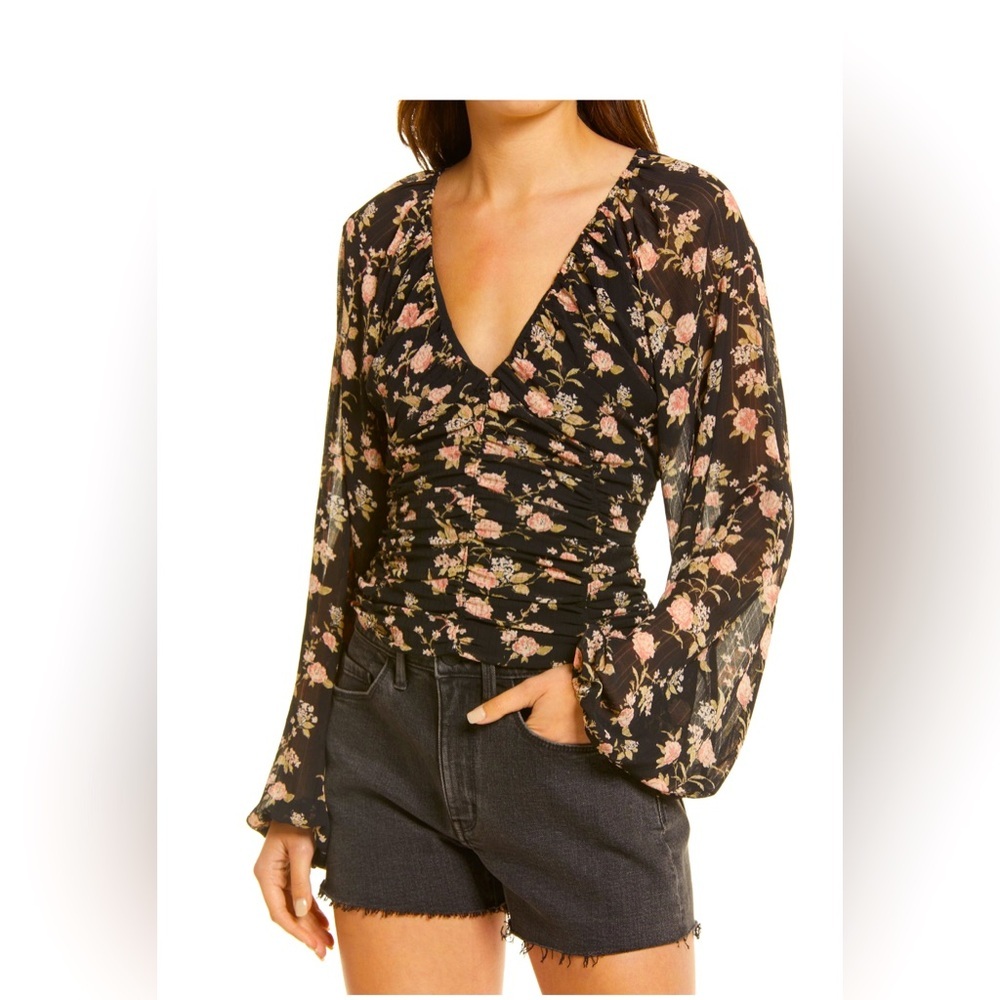 Free People Black Floral Ruched V-Neck Long Sleeve Blouse